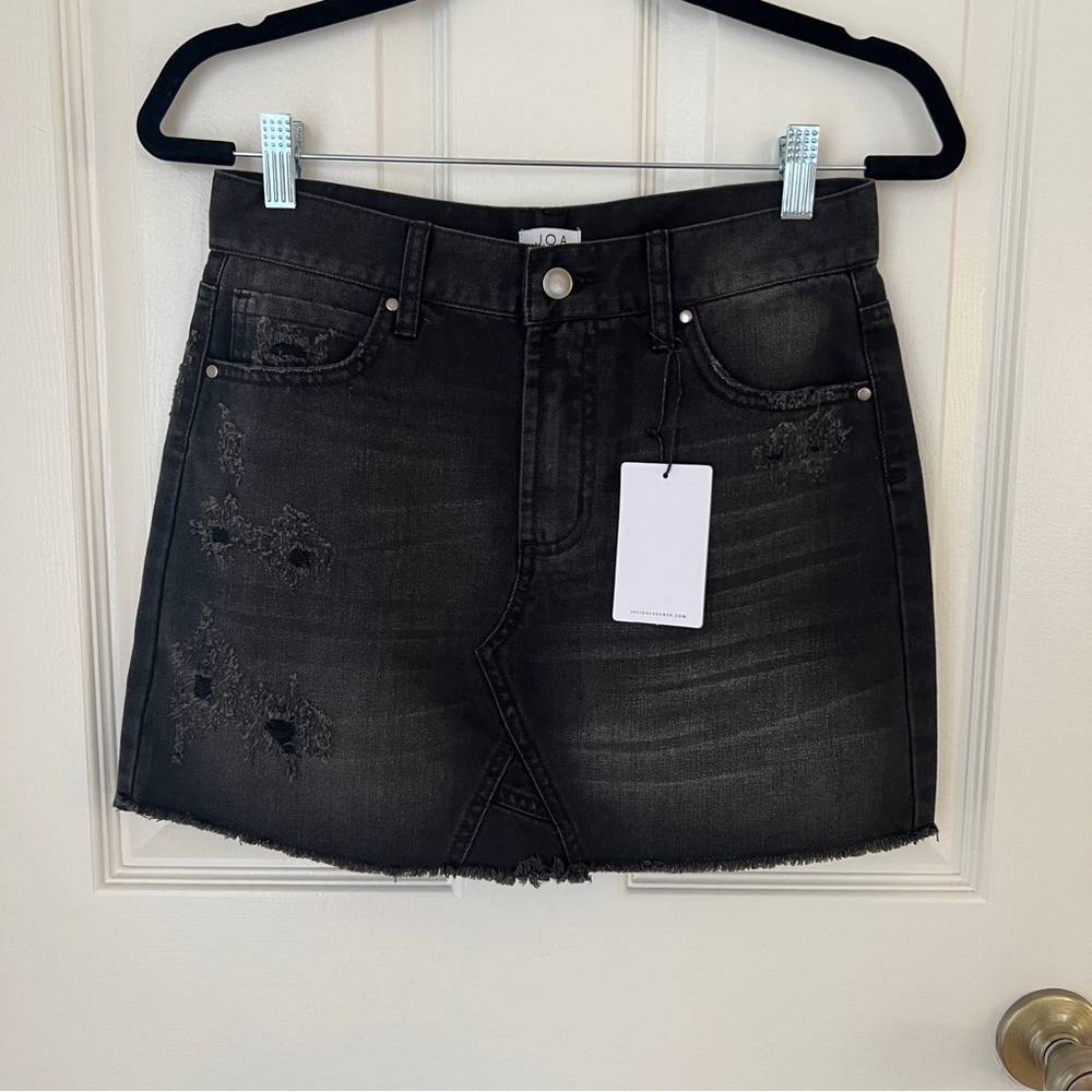 NWT J.O.A. Black Denim Jean Distressed Raw Hem Mini Skirt Size 25 Small